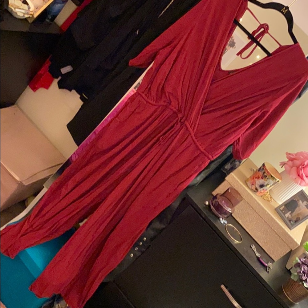 NWOT red lineny crop jumpsuit